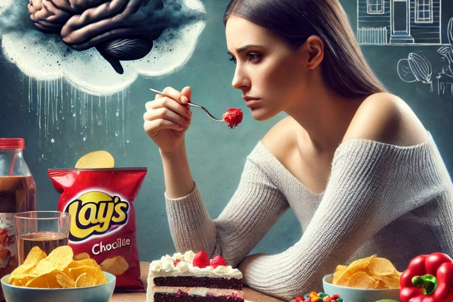 A woman surrounded by snacks and sweets, appearing lost in thought with a brain and emotional symbols illustrated above her head.