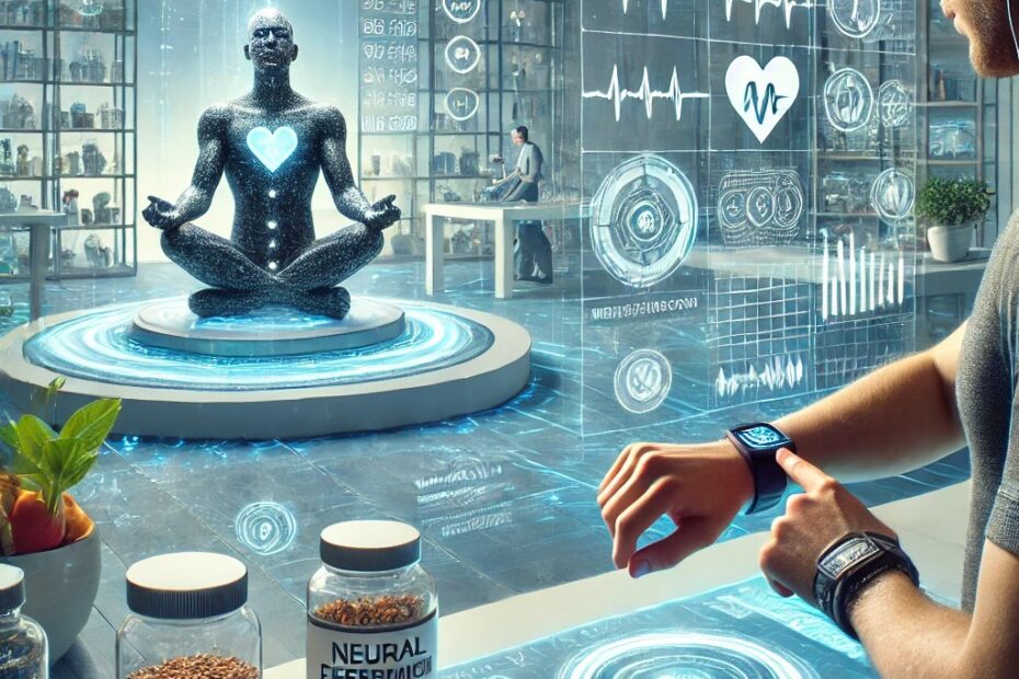 Man in a futuristic lab using wearable tech and supplements to monitor health, with a digital meditation figure in the background.