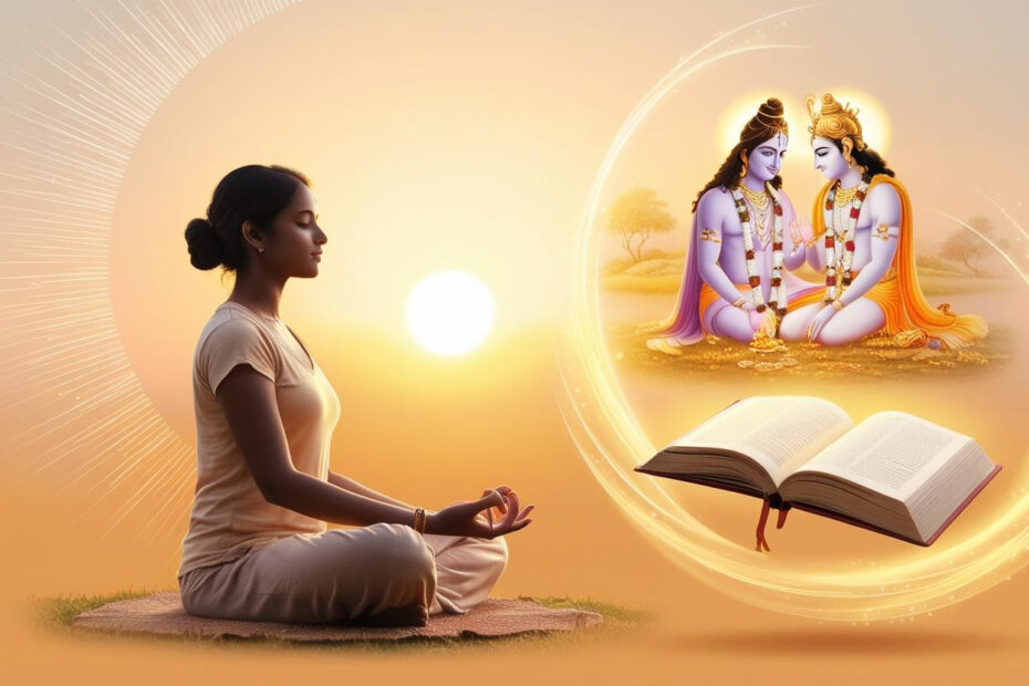 A woman meditating at sunrise with a glowing vision of Lord Krishna and Arjuna from the Bhagavad Gita, alongside an open holy book.