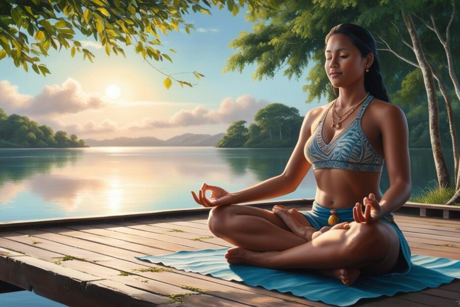 Woman meditating in lotus position on a wooden deck by a calm lake at sunrise, practicing mindfulness in nature.