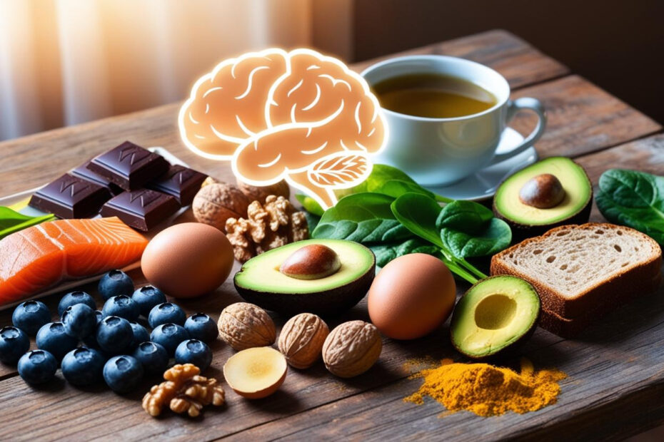 Brain-boosting foods like salmon, blueberries, avocado, eggs, and dark chocolate arranged on a rustic wooden table.