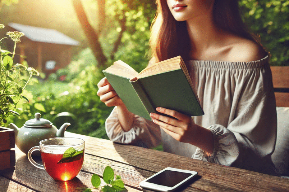 Woman reading a book outdoors with a cup of herbal tea and phone set aside, enjoying a peaceful digital detox moment.