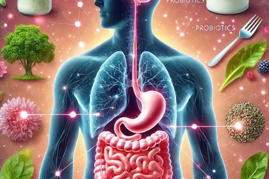 Illustration of human body highlighting the gut-brain connection, with digestive organs linked to the brain, surrounded by probiotics and healthy foods.