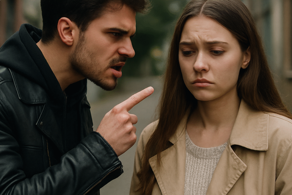 Angry man aggressively pointing his finger at a distressed woman who looks sad and emotionally hurt.-Red Flags of a Manipulative Relationship: Traits of Toxic Bad Boy