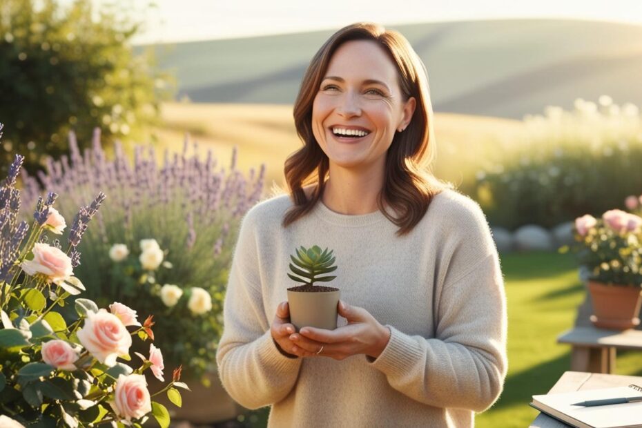 Joyful woman holding a small plant, surrounded by blooming flowers in a sunlit garden, symbolizing personal growth and fulfillment.What Is Success? Redefining Wealth Through Personal Fulfillment