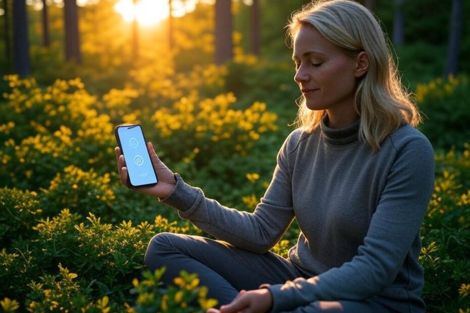 Woman meditating outdoors while using AI powered mindfulness app on her smartphone at sunset.