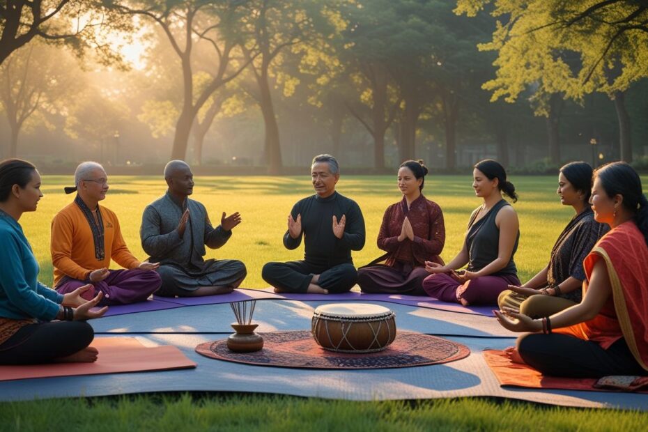 Diverse group of people practicing mindfulness and meditation together in a park, reflecting cultural harmony and ancient practices in a modern setting.