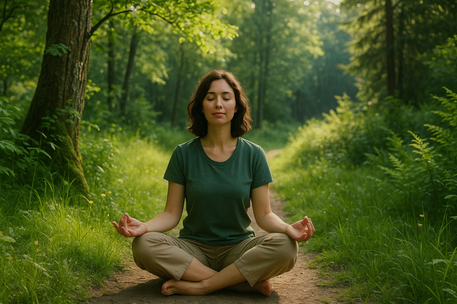 Woman meditating in a lush green forest, practicing eco-therapy and connecting with nature for mental well-being.