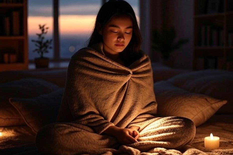 Young woman doing meditation at night wrapped in a blanket, surrounded by candles in a peaceful room to heal trauma