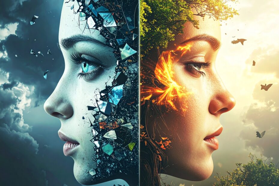 Split portrait of a woman showing contrast between spiritual psychosis and spiritual awakening, with one side dark and fractured, the other vibrant and nature-filled.