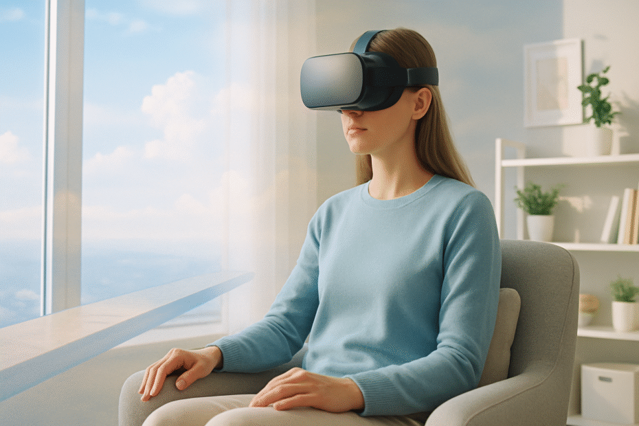 Woman sitting in a modern room using a virtual reality therapy.