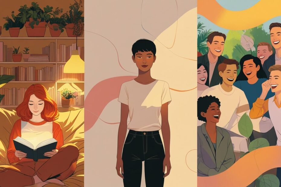 Illustration showing an introvert reading alone, an ambivert standing calmly, and extroverts laughing in a group—representing different social energy types.