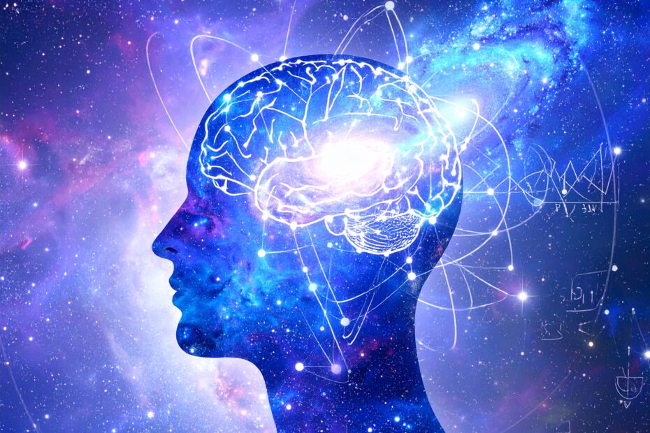 Silhouette of a human head with a glowing brain surrounded by galaxies and neural patterns, symbolizing consciousness beyond neurons.