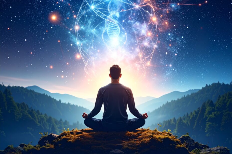 Meditation on a mountain at sunrise, visualizing cosmic energy and DNA strands in the night sky, symbolizing inner insight and universal connection.