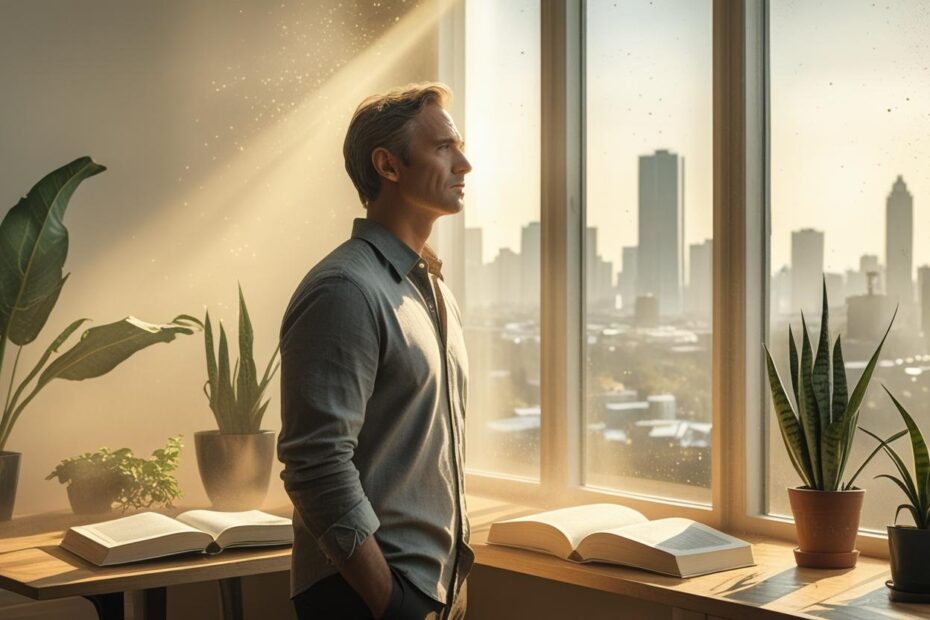 Person feeling restless in a peaceful life, looking out the window in deep thought
