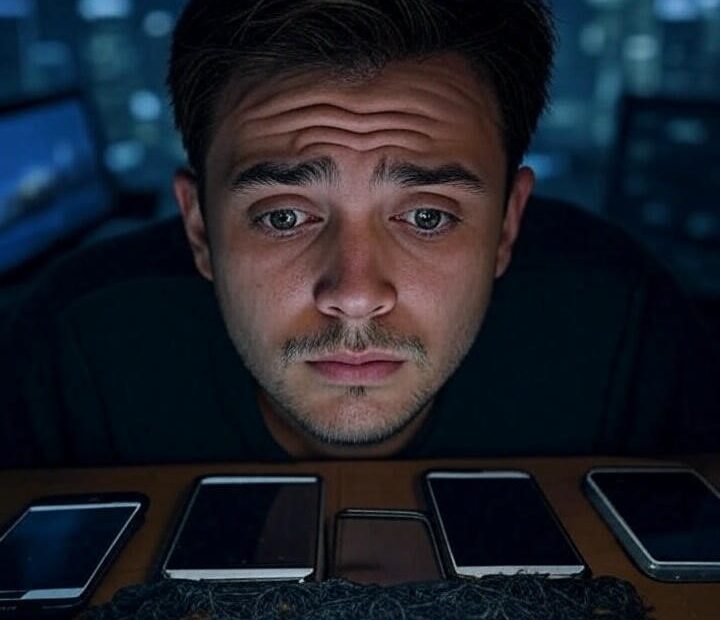 A young man with a tired expression, experiencing technostress symptoms, sits at a desk surrounded by multiple smartphones and a tangled mess of cables, symbolizing digital fatigue and technology overuse. The background features a dimly lit cityscape with glowing screens, representing a hyper-connected world, information overload, and the need for digital detox tips