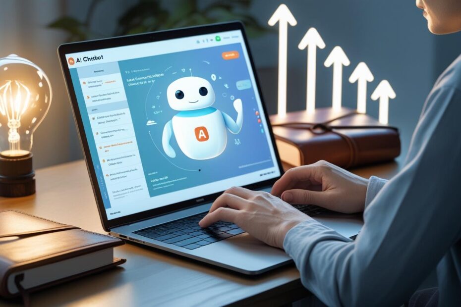 A person working on a laptop with AI chatbot s interface, surrounded by a journal, lightbulbs, and upward arrows, symbolizing self-reflection and personal growth.