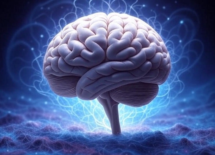 Mind surge meditation brain with glowing neural sparks for mental clarity, cosmic light background, science and spirituality blend