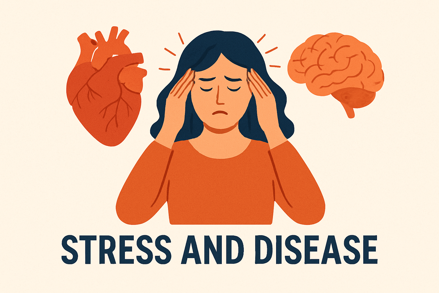 Illustration of a stressed woman holding her temples with a brain and heart beside her, symbolizing the link between stress and disease.