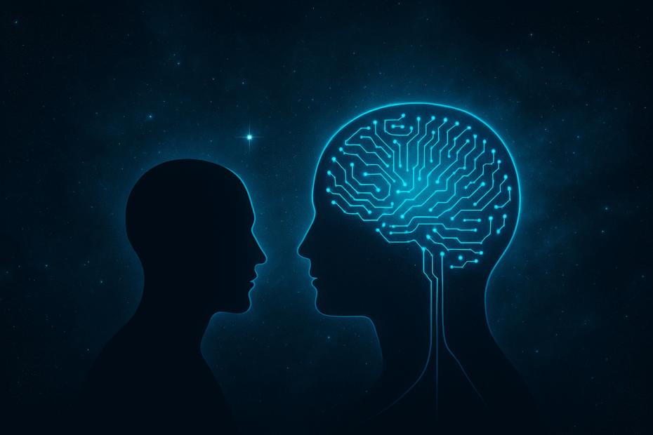 Human and AI silhouette facing each other in a cosmic space background representing consciousness, artificial intelligence, and the universe.