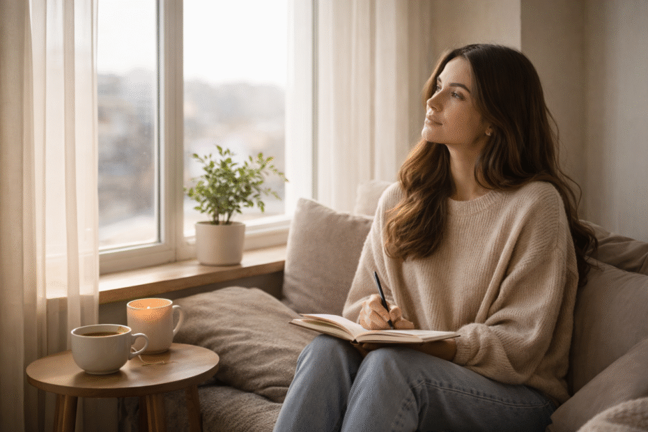 A woman sitting by a window with a notebook, reflecting quietly while feeling stuck and seeking clarity in life.