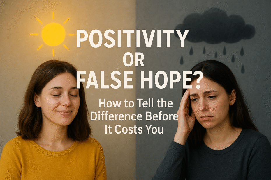 Side-by-side image showing true positivity versus false hope, with one confident person planning and another ignoring reality in a foggy setting.