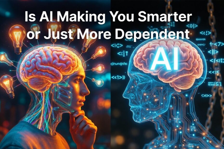 Split view of human brain transforming into AI neural networks: organic creative side with lightbulbs versus digital AI circuits with chains, representing the question of whether AI makes us smarter or more dependent