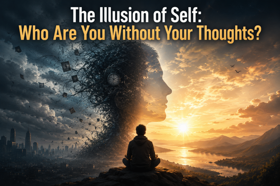 A surreal landscape showing a person meditating between two contrasting worlds—one chaotic and dark representing thoughts and mental noise, and the other calm and illuminated symbolizing awareness and inner clarity.