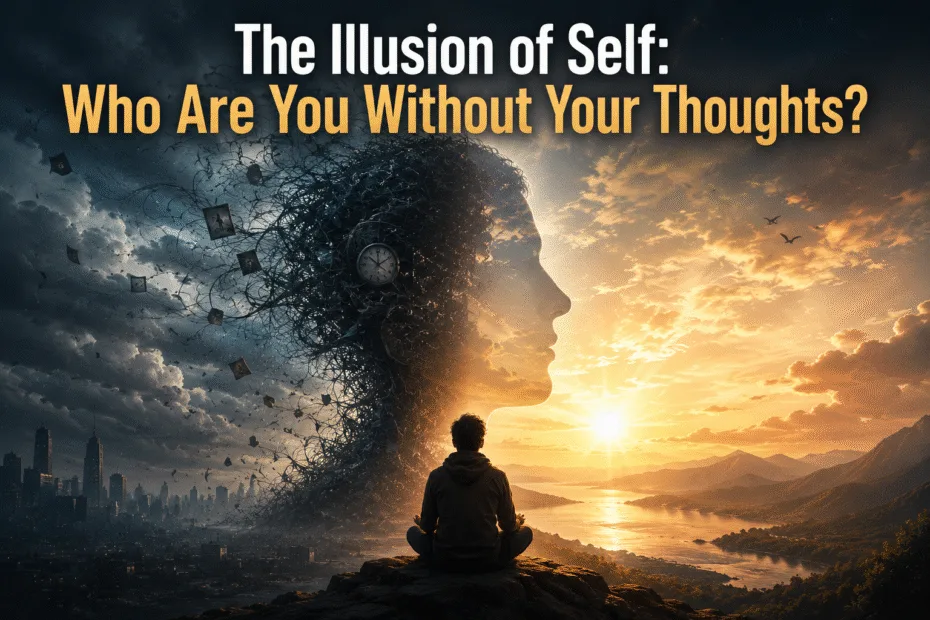 A surreal landscape showing a person meditating between two contrasting worlds—one chaotic and dark representing thoughts and mental noise, and the other calm and illuminated symbolizing awareness and inner clarity.