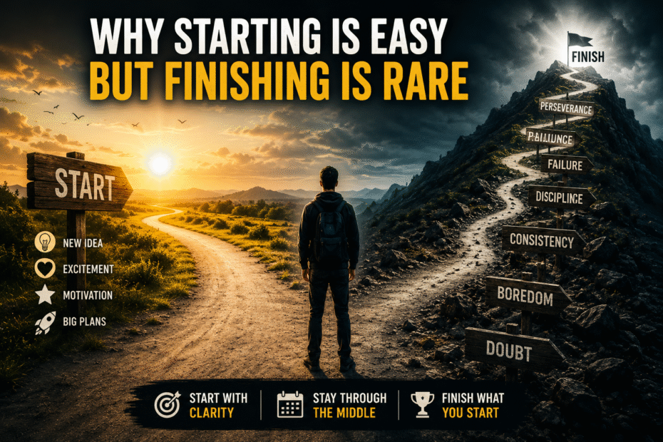 A person standing at a crossroads between a bright easy path labeled “start” and a dark path filled with obstacles like doubt, boredom, and discipline, symbolizing the struggle of finishing what we begin.