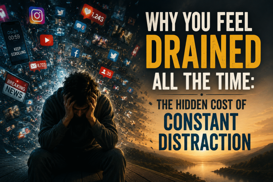 A stressed person surrounded by floating social media icons and screens, contrasting with a calm natural landscape, symbolizing mental exhaustion from constant digital stimulation.