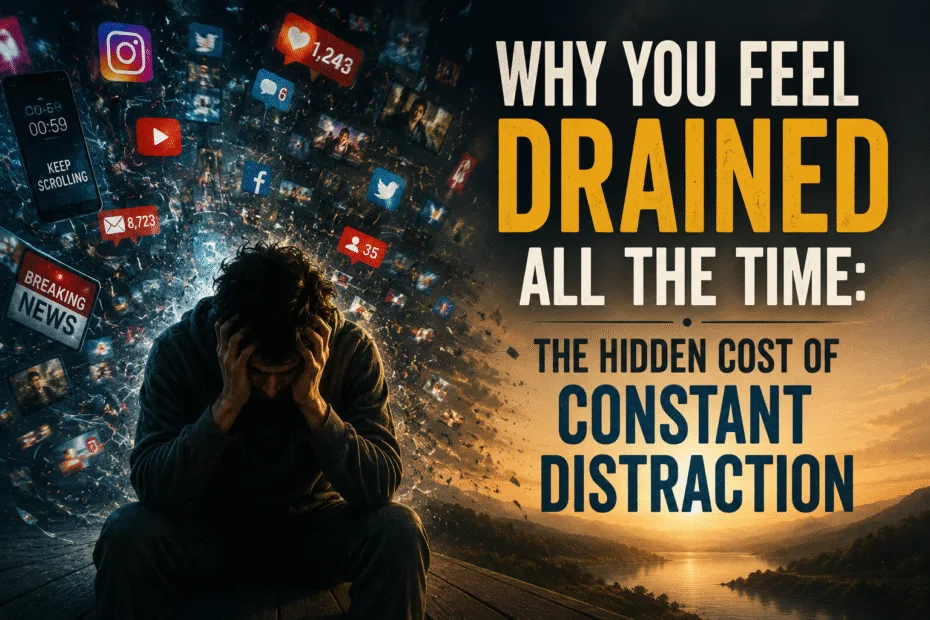 A stressed person surrounded by floating social media icons and screens, contrasting with a calm natural landscape, symbolizing mental exhaustion from constant digital stimulation.