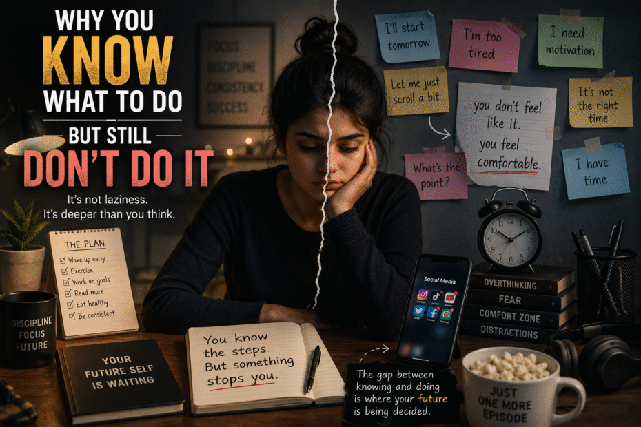 A person sitting at a desk split between productivity and distraction, symbolizing the struggle between knowing what to do and procrastinating due to internal resistance.