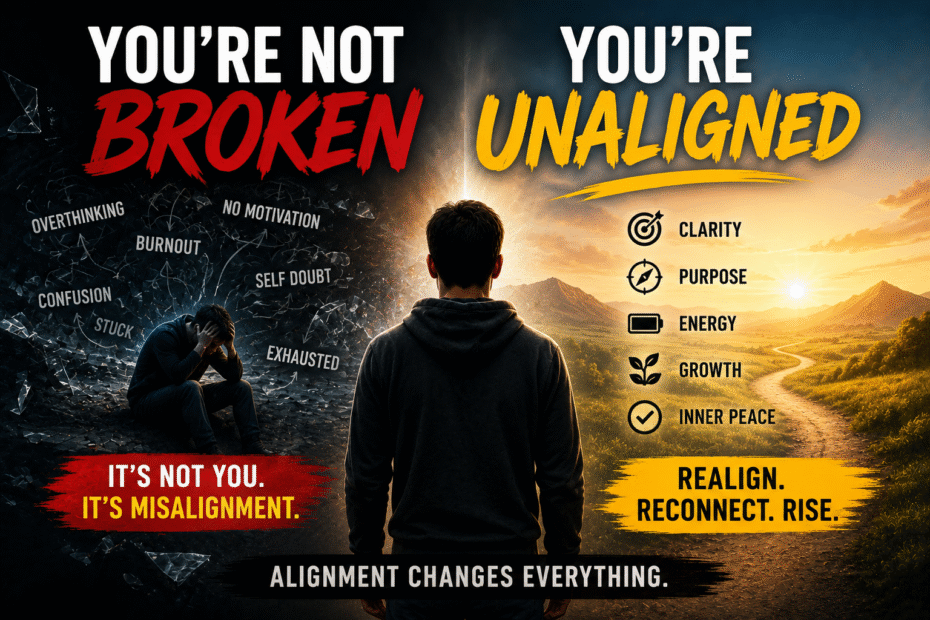 A split-scene image showing a stressed person in darkness on one side and a calm, aligned version of the same person in light on the other, symbolizing transformation from feeling stuck to finding purpose.