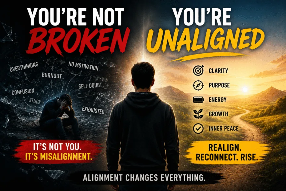 A split-scene image showing a stressed person in darkness on one side and a calm, aligned version of the same person in light on the other, symbolizing transformation from feeling stuck to finding purpose.