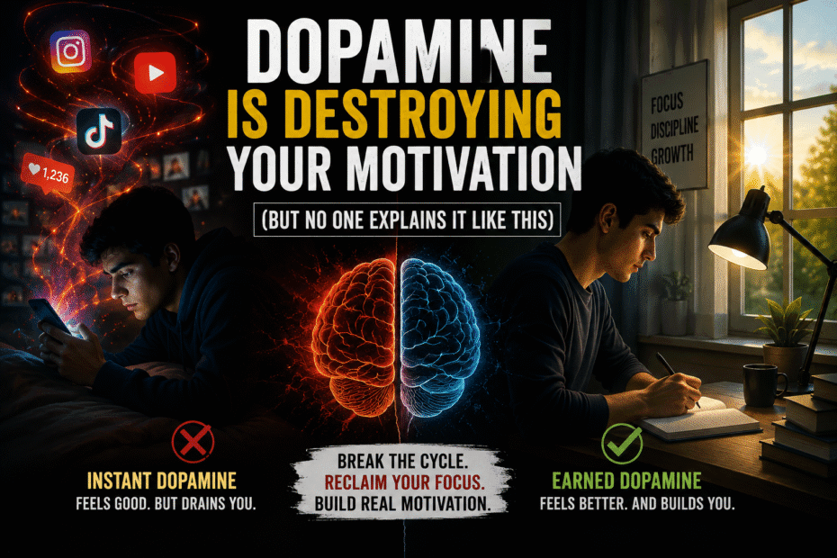 Split scene showing phone addiction vs focused work, illustrating how instant dopamine from social media destroys motivation and how disciplined habits rebuild focus