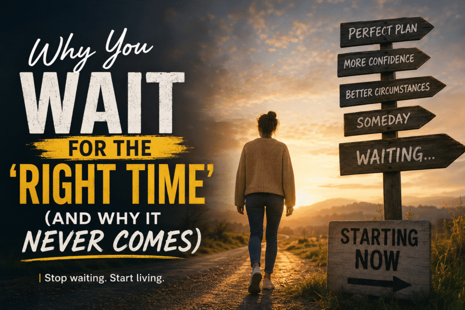 Person walking toward sunrise on a road with signposts showing “perfect plan,” “more confidence,” and “someday,” symbolizing waiting for the right time and overcoming procrastination