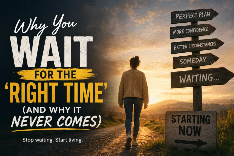 Person walking toward sunrise on a road with signposts showing “perfect plan,” “more confidence,” and “someday,” symbolizing waiting for the right time and overcoming procrastination