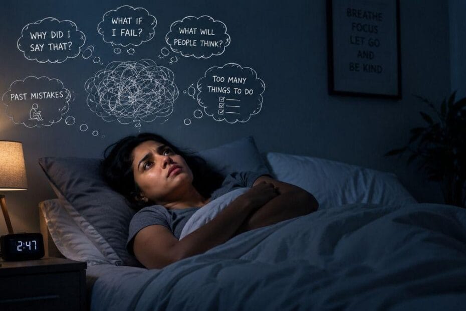 Person lying awake at night overthinking with swirling negative thoughts in a dark room, representing nighttime anxiety and mental spiraling