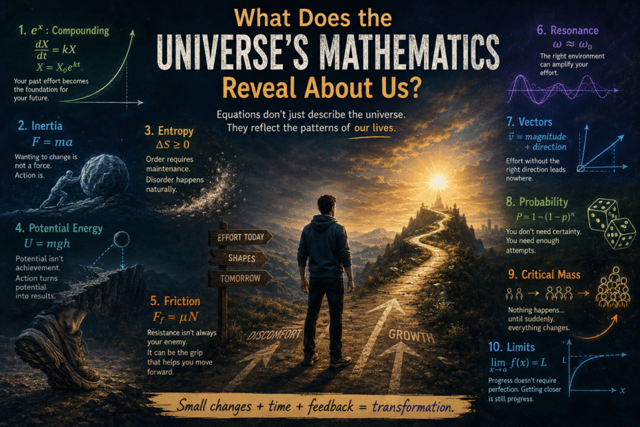 The connection between mathematical growth, exponential change, and personal growth represented through an abstract human figure and mathematical curves.